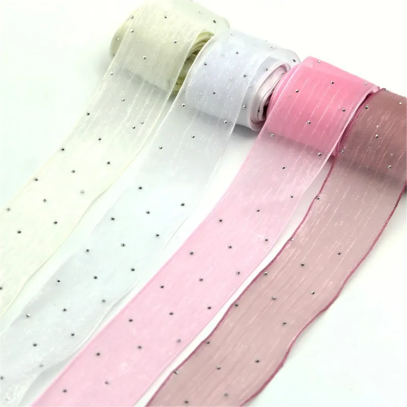 Polyester Plissiertes Mesh Band Mit Strass Verzierung Für Blumenverpackung Geschenkbox Dekor Handwerk Band