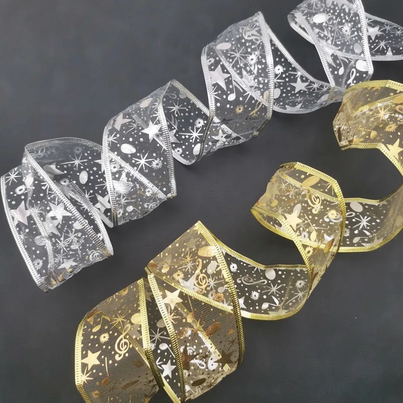 Christmas Organza Ribbon Wire Edge Glitter Star Note Sheer Ribbon For Gift Wrapping Holiday Party DIY Craft Decoration