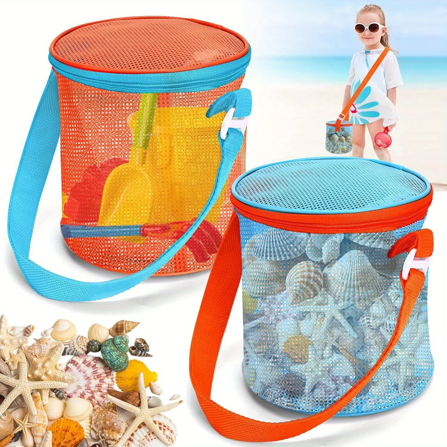 Kids Mesh Beach Bag Toy Storage Net Pouch Shell Collecting Bucket Shoulder Tote Crossbody Bag For Sand Water Play Summer Outdoors