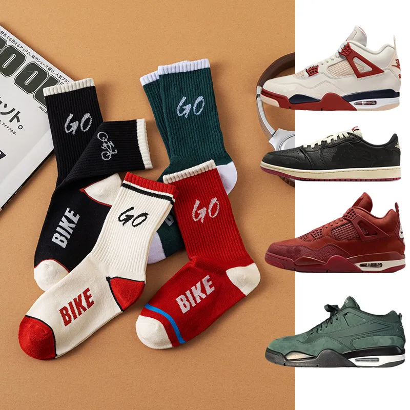 Unisex Casual Cotton Blend Crew Socks Breathable Athletic Skateboard Socks With Letter And Bicycle Pattern