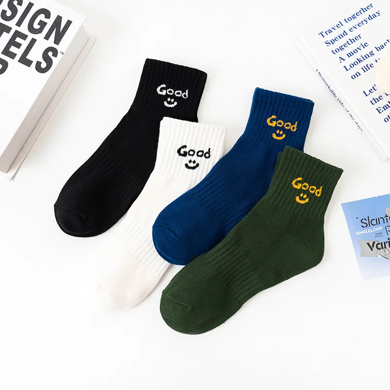 Unisex Casual Cotton Blend Crew Socks With Good Letter And Smile Face Embroidery Skateboard Sports Socks