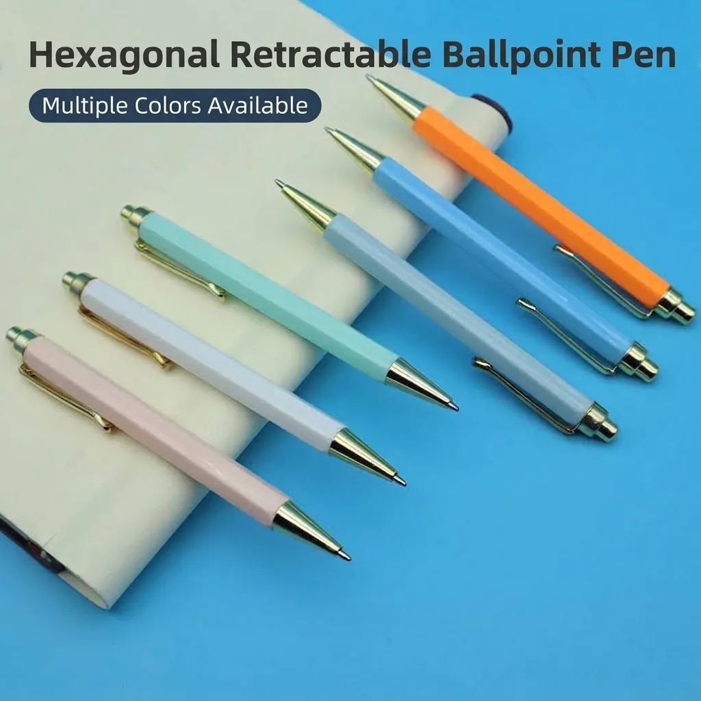 Retractable Ballpoint Pen Minimalist Hexagonal Barrel ABS Plastic Gold Metallic Clip Writing Pen For Office School Stationery