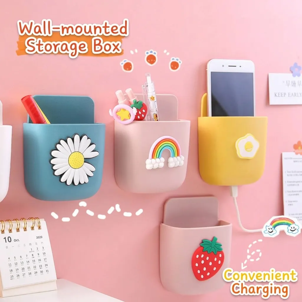 Cartoon Wall Mounted Storage Box Punch Free Phone Charging Bracket Remote Control Hanging Organizer Rack Bedside Holder