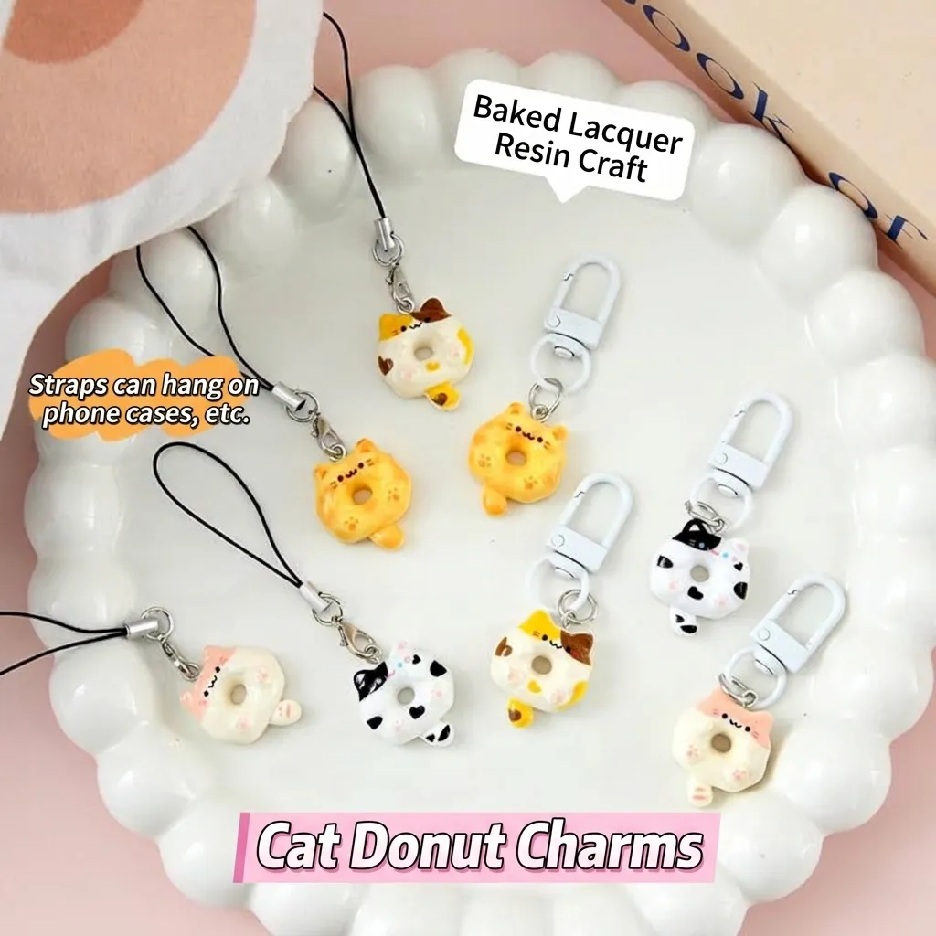 Cute Cartoon Cat Donut Keychain Funny Food Model Bag Pendant Creative Painted Resin Cat Shape Keyring For Couples Friends Gift Accessory