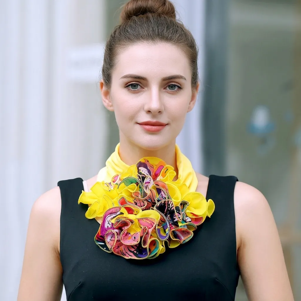 Women Fashion Polyester False Collar Neck Warmer Ruffle Layered Triangle Scarf Lightweight Summer Neck Decorative Scarf