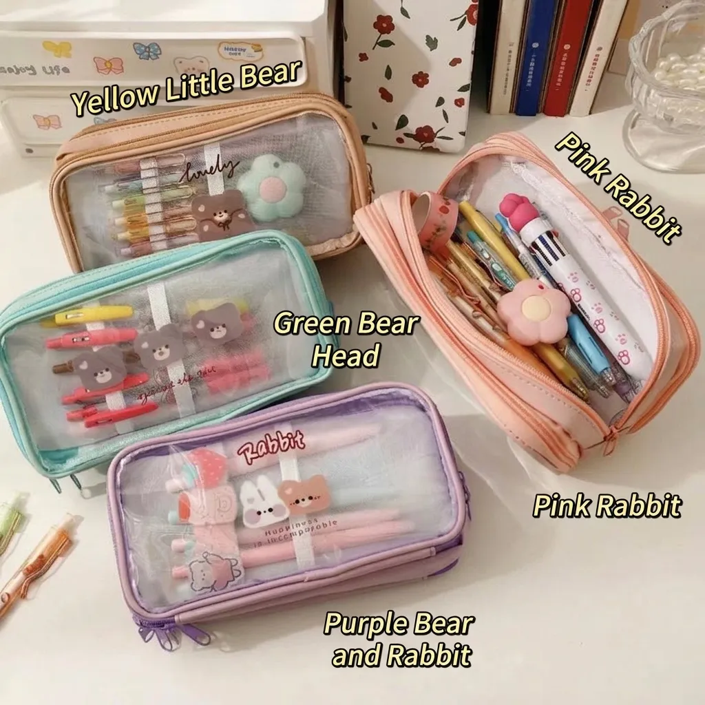 Large Capacity Multi-Layer Transparent Pencil Case Cute Cartoon Bear Rabbit PVC TPU Waterproof Stationery Pouch Box For Students Office School