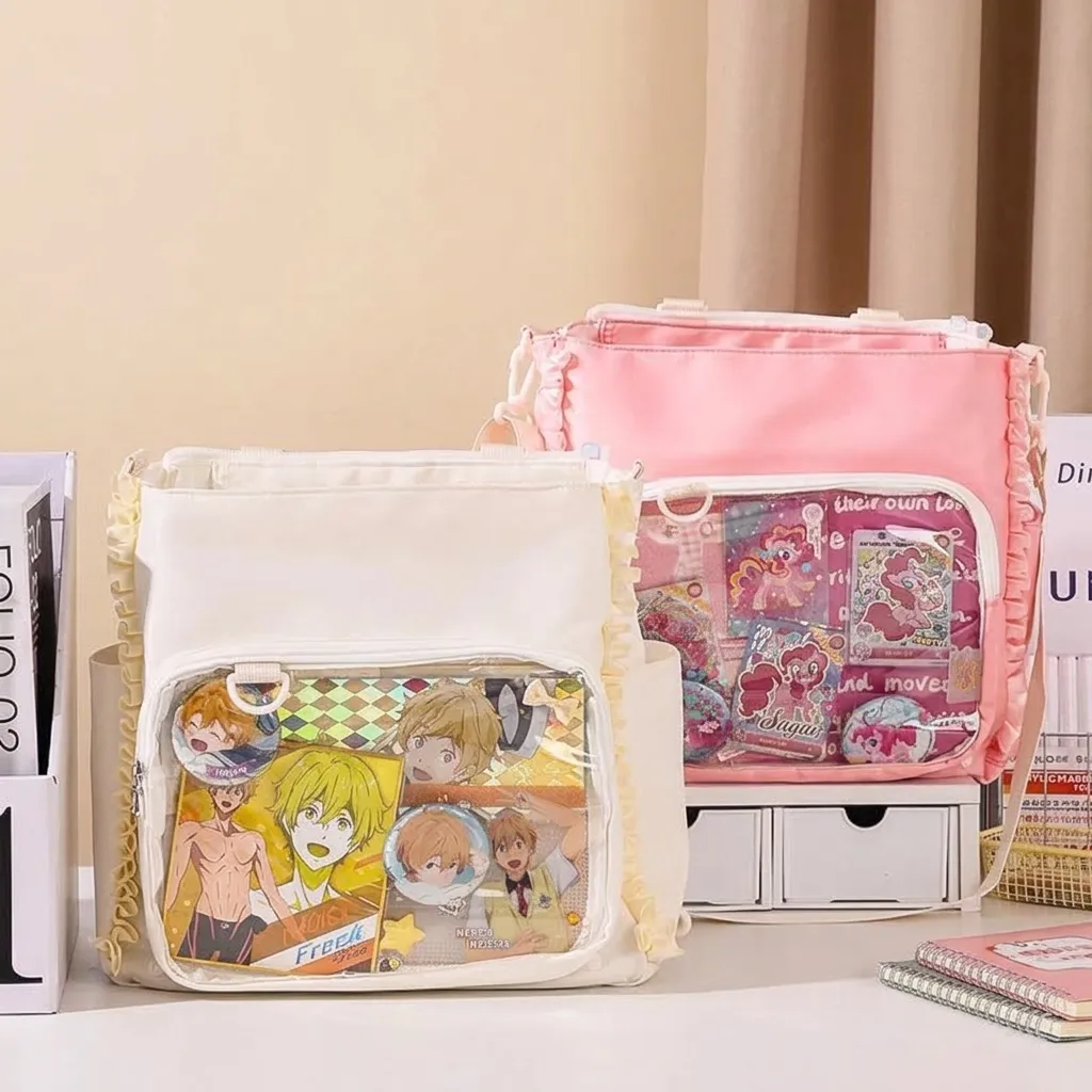 Large Capacity Transparent Ita Bag With Lace Ruffle Trim Crossbody Shoulder Bag For Anime Badges Pins Display School Bag