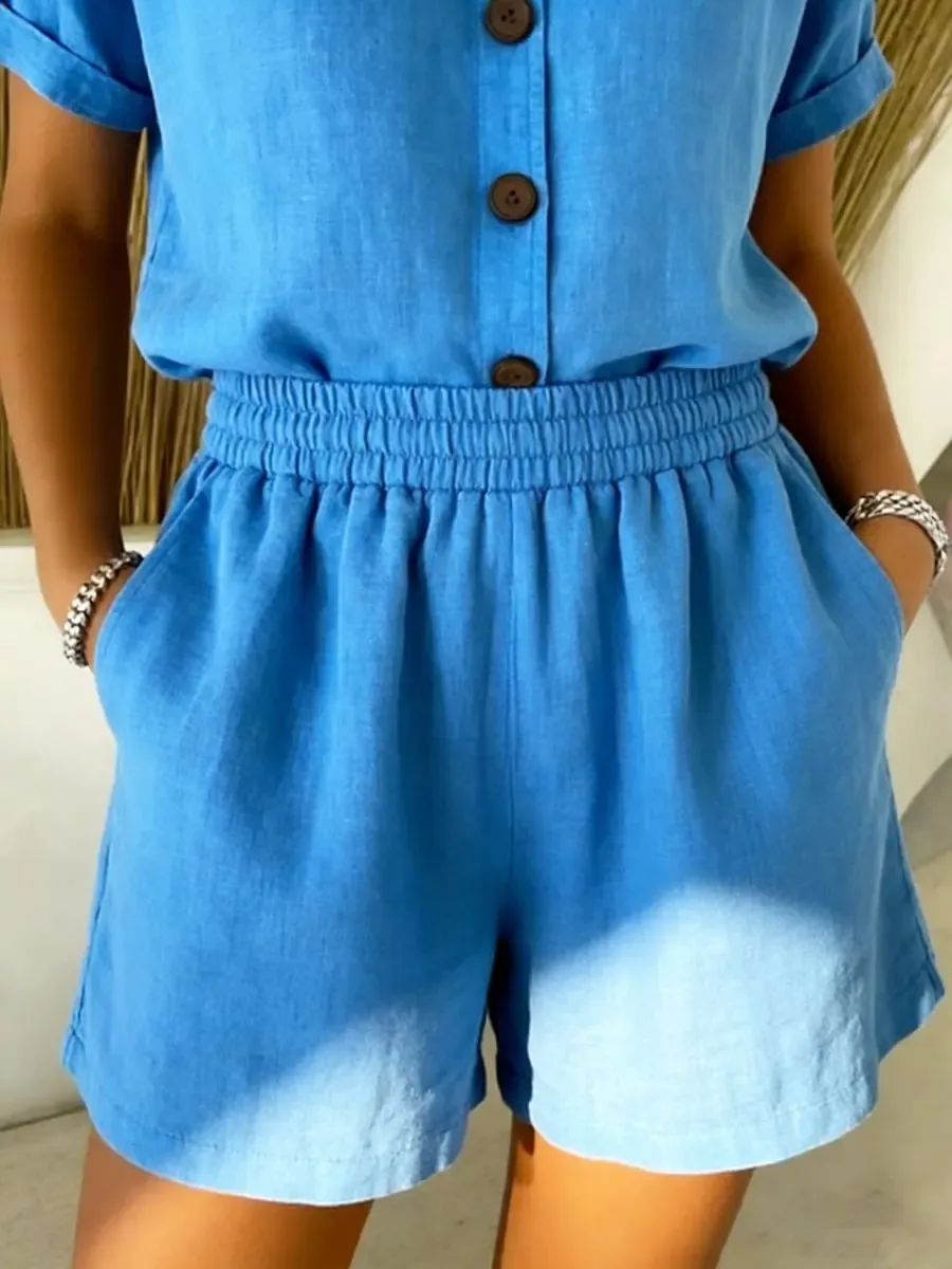 Women's Summer Casual Linen Blend Shorts Elastic Waist Solid Color Bottoms With Pockets Comfortable Loose Beach Shorts