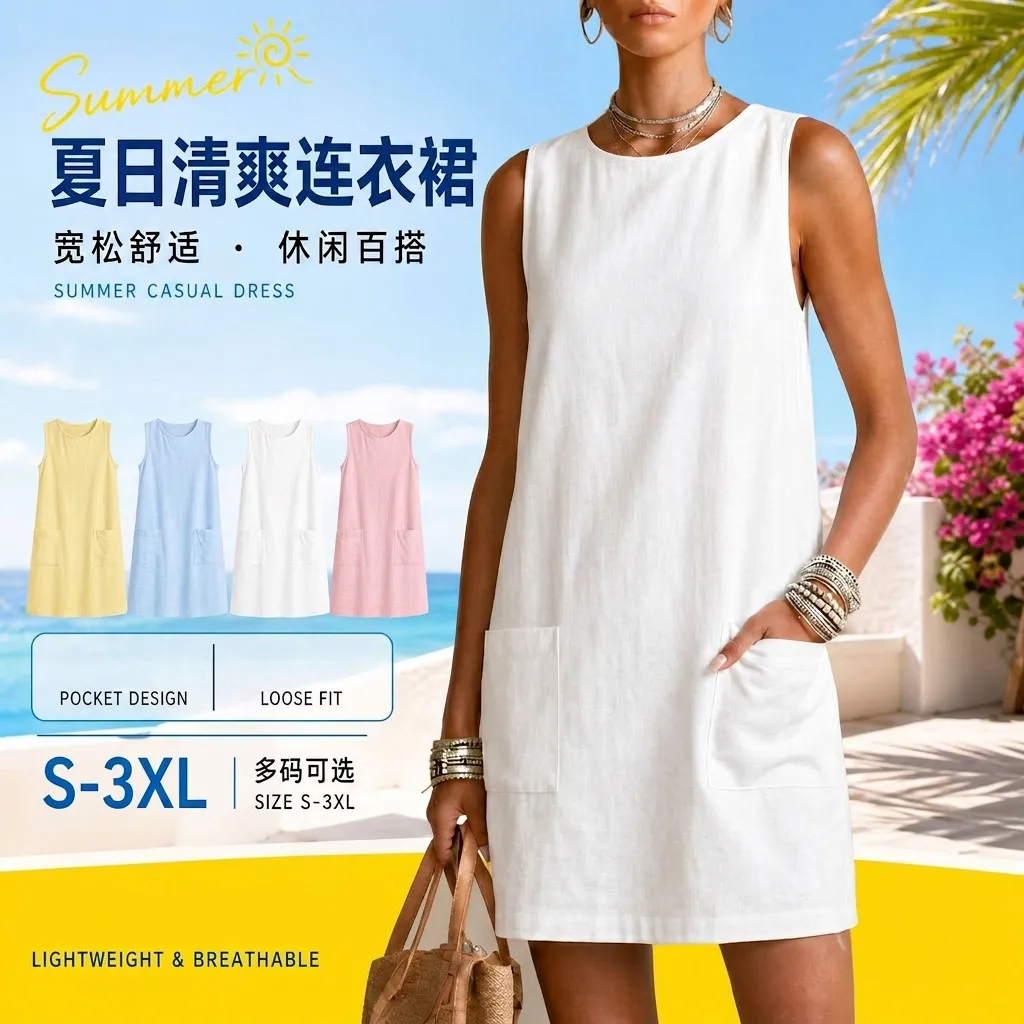 Vestido Casual Bohemio para Mujer Sin Mangas Cuello Redondo Color Sólido Holgado Vestido Midi Con Bolsillos Laterales Ropa de Playa de Verano
