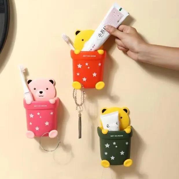 Cartoon Bear Rabbit Wall Mounted Toothbrush Holder Bathroom Storage Cup Drainage Organizer Cup Rack For Toothpaste Jewelry