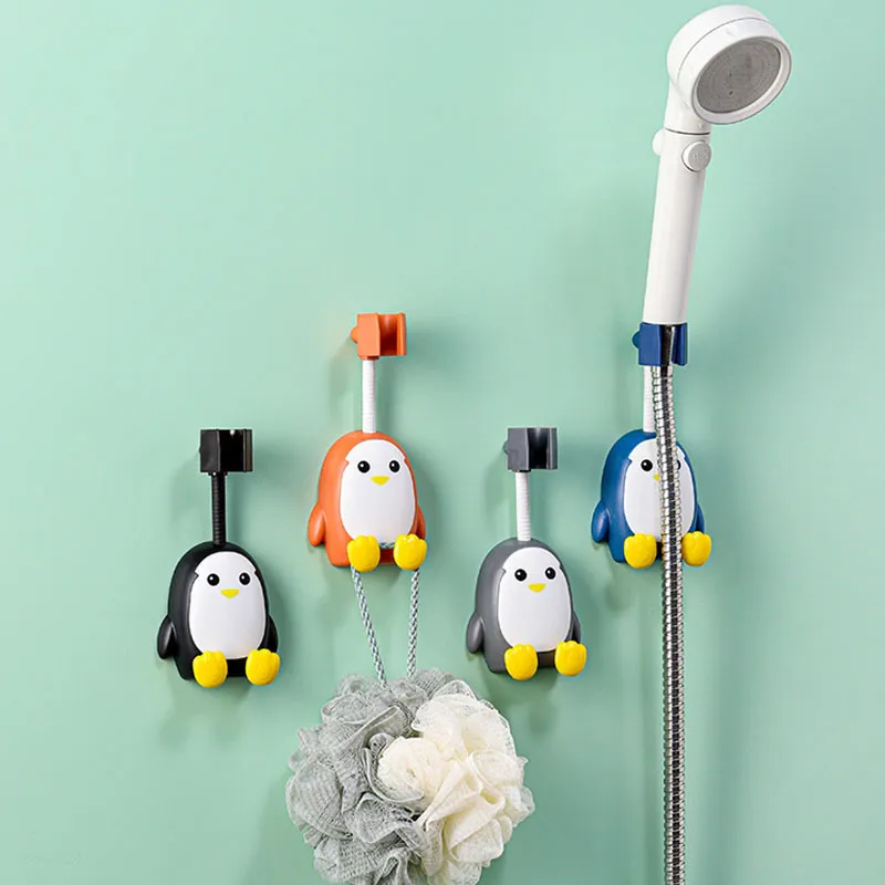 Cute Penguin Cartoon Shower Head Holder Adjustable Angle Drill Free Waterproof Bathroom Wall Mount Sprayer Bracket With Hook