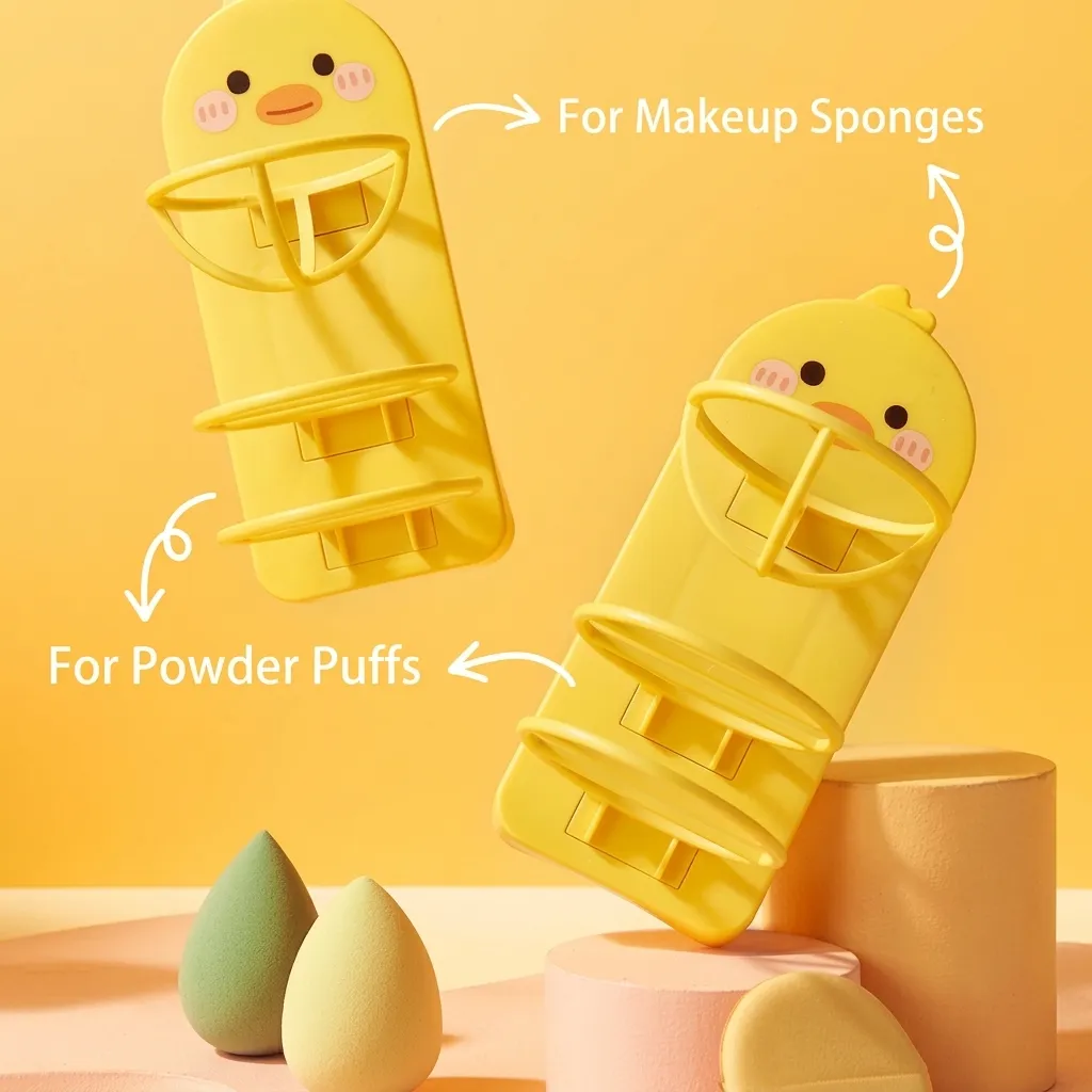 Cartoon Duck Wall Mounted Makeup Sponge Holder Plastic Tier Drying Rack Powder Puff Storage Case Bathroom Beauty Blender Organizer Stand