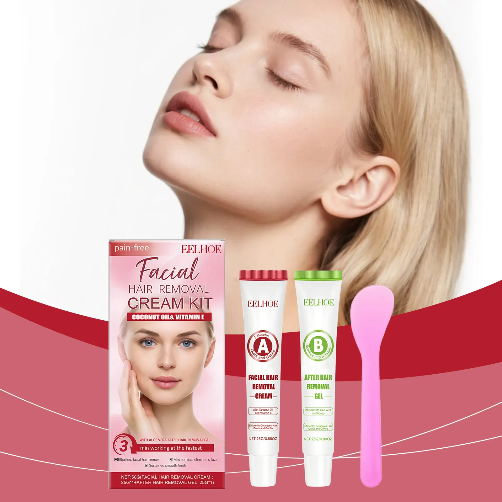 Kit d'Épilation Visage EELHOE Crème Dépilatoire Douce et Gel d'Aloe Vera Apaisant pour le Visage et les Lèvres Kit de Soin
