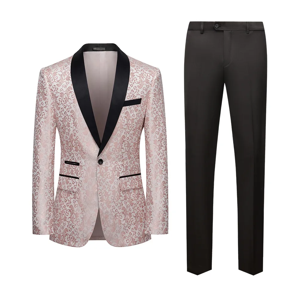 Men's Luxury Jacquard Slim Fit Suit Set Contrast Shawl Lapel Single Breasted One Button Jacket And Pants Banquet Formal Tuxedo