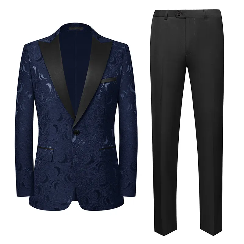 Men Slim Fit Floral Jacquard Suit Set Rose Pattern Peak Lapel Blazer Trousers Top And Bottom For Wedding Banquet Party