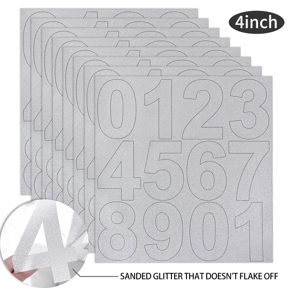4 Inch Silver Glitter Vinyl Number Stickers Waterproof Frosted PVC Letter Numbers For Mailbox Identification Cargo Classification Address Outside Signs Labels