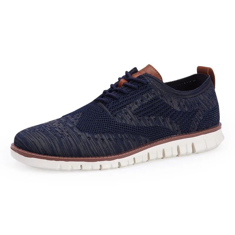 Chaussures de Sport Décontractées pour Hommes en Tissu Mesh Flyknit Respirant Vintage Brogue Surpiqûres Légères Sneakers de Randonnée Semelle en Caoutchouc