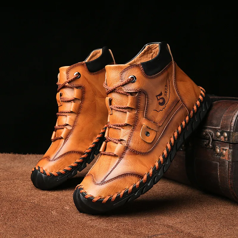 Men Retro Genuine Leather Martin Boots Hand-Stitched Business Casual Mid-Calf Work Boots Outdoor Anti-Slip Soft Sole Shoes