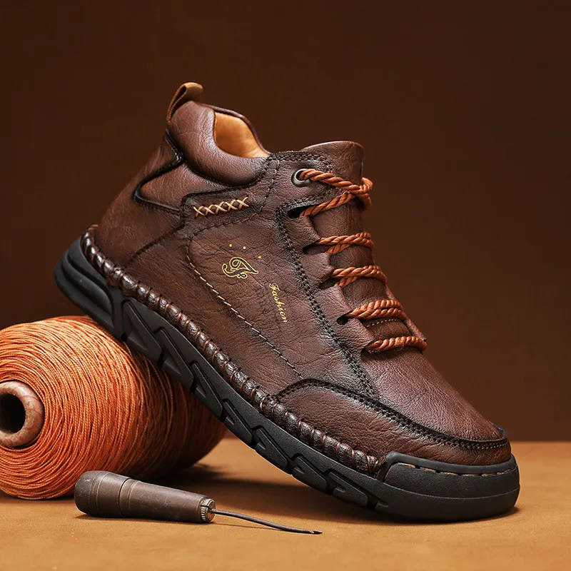 Men Mid Top Martin Boots Retro Microfiber Cowhide Leather Casual Outdoor Work Shoes Contrast Stitching Anti Slip Rubber Sole Boots