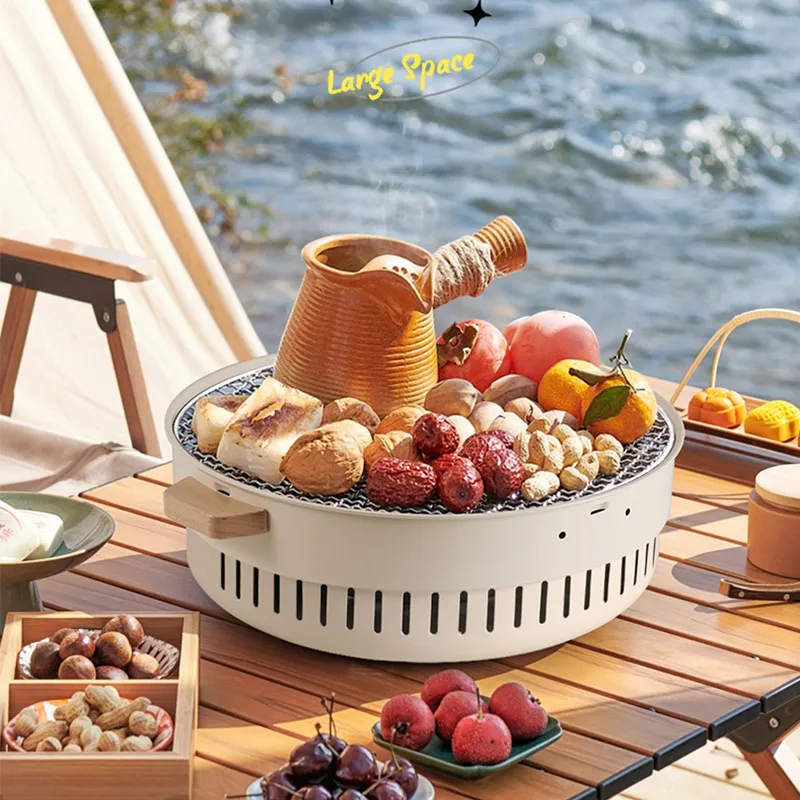 Set Griglia per Barbecue a Carbone Portatile Con Manico in Legno Ferro Rete in Acciaio Inossidabile Stufa da Tè per Campeggio Interno Esterno