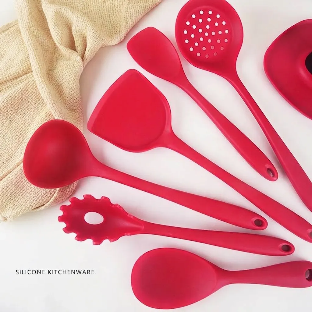 Juego de Utensilios de Cocina de Silicona Antiadherente Resistente al Calor Espátula Cucharón Servidor de Pasta Con Estante de Almacenamiento