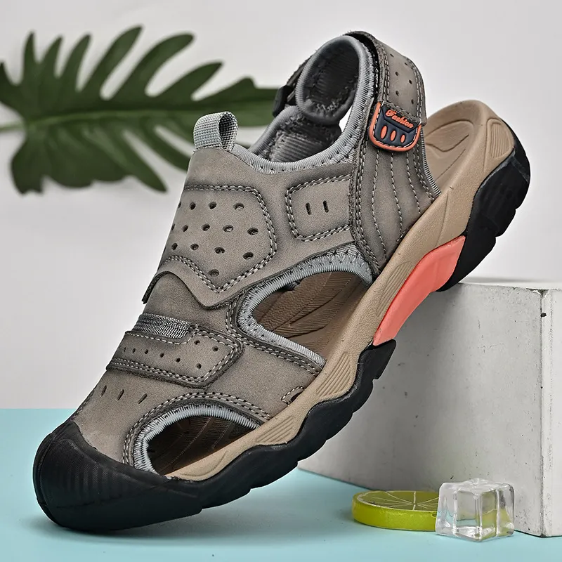 Men Genuine Cowhide Leather Sandals Outdoor Casual Beach Shoes Breathable Hook And Loop Adjustable Strap Rubber Sole