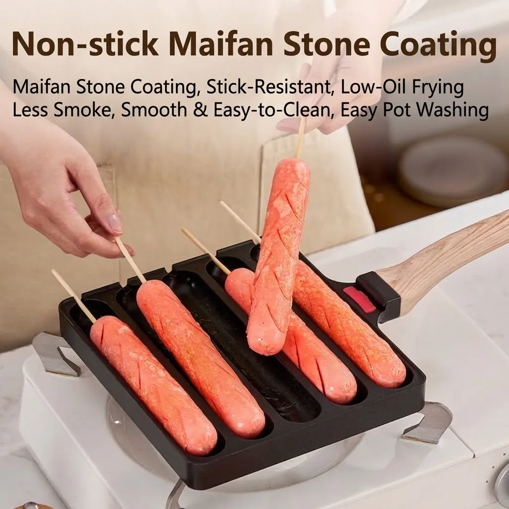 Non-Stick Aluminum Alloy Roast Sausage Pan With Wood Grain Bakelite Handle For Hot Dogs Takoyaki Meatballs Household Kitchen Die-Cast Griddle Pan