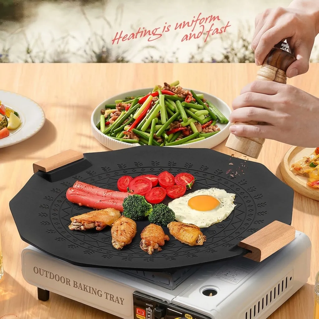 Korean Octagonal Grill Pan Non-Stick Aluminum BBQ Plate With Maifan Stone Coating And Wooden Handles For Induction Cooker Gas Stove