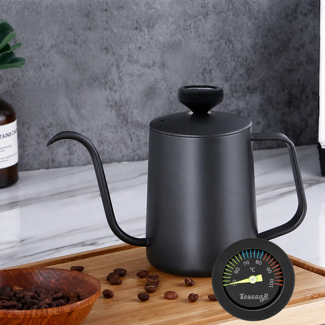 Bollitore per Caffè a Goccia in Acciaio Inossidabile Con Termometro Beccuccio Lungo e Sottile Collo di Cigno