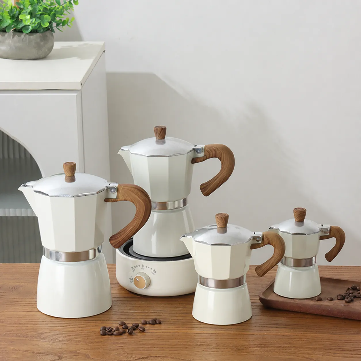 Italienischer Stil Aluminium Moka Pot Espresso Kaffeebereiter Mit Holzmaserung Griff Klassische Achteckige Kaffeekanne