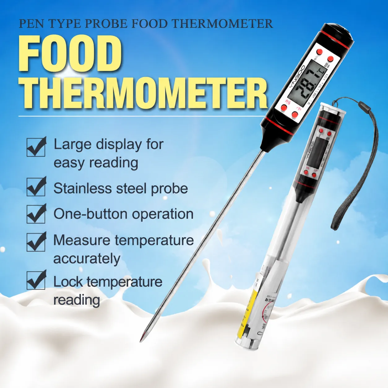 Digitales Küchen-Lebensmittelthermometer Edelstahl-Sonde LCD-Anzeige Für Kochen Fleisch Wasser Milch Temperaturmessung