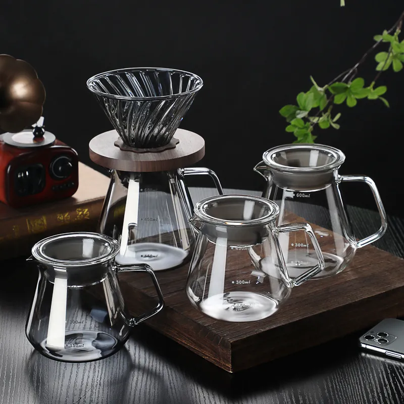 High Borosilicate Heat Resistant Glass Manual Pour Over Coffee Maker Coffee Pot With Wood Tray Filter Funnel Kitchen Coffeeware