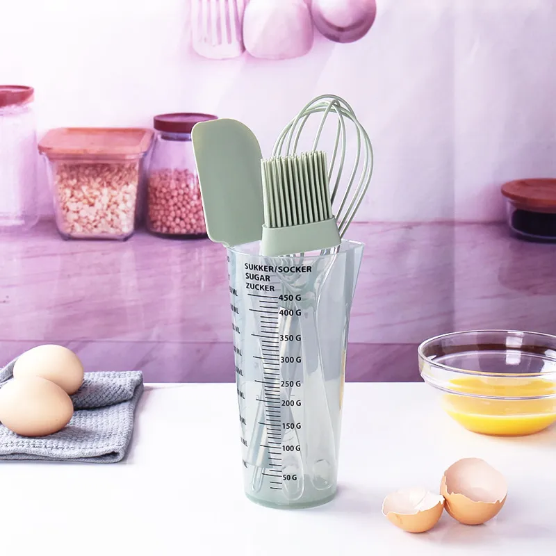 Siliconen Keuken Bakgereedschap Set 4 Stuks Met Spatel Penseel Garde En Maatbeker Moderne Minimalistische Kookaccessoires