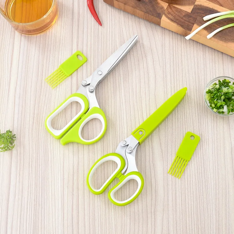 Stainless Steel Multi-Function 5-Layer Kitchen Scallion Scissors Herb Chopper Food Cutter With Cleaning Brush