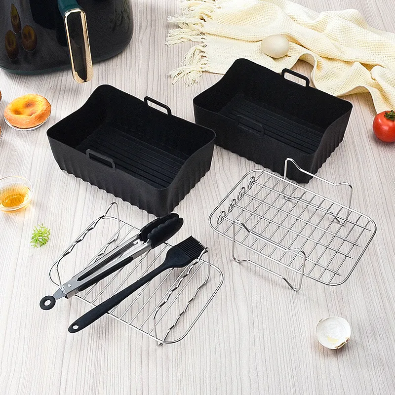 Rechteckige Silikon Heißluftfritteuse Backform Und Edelstahl Grillrost Küche Kochzubehör Set