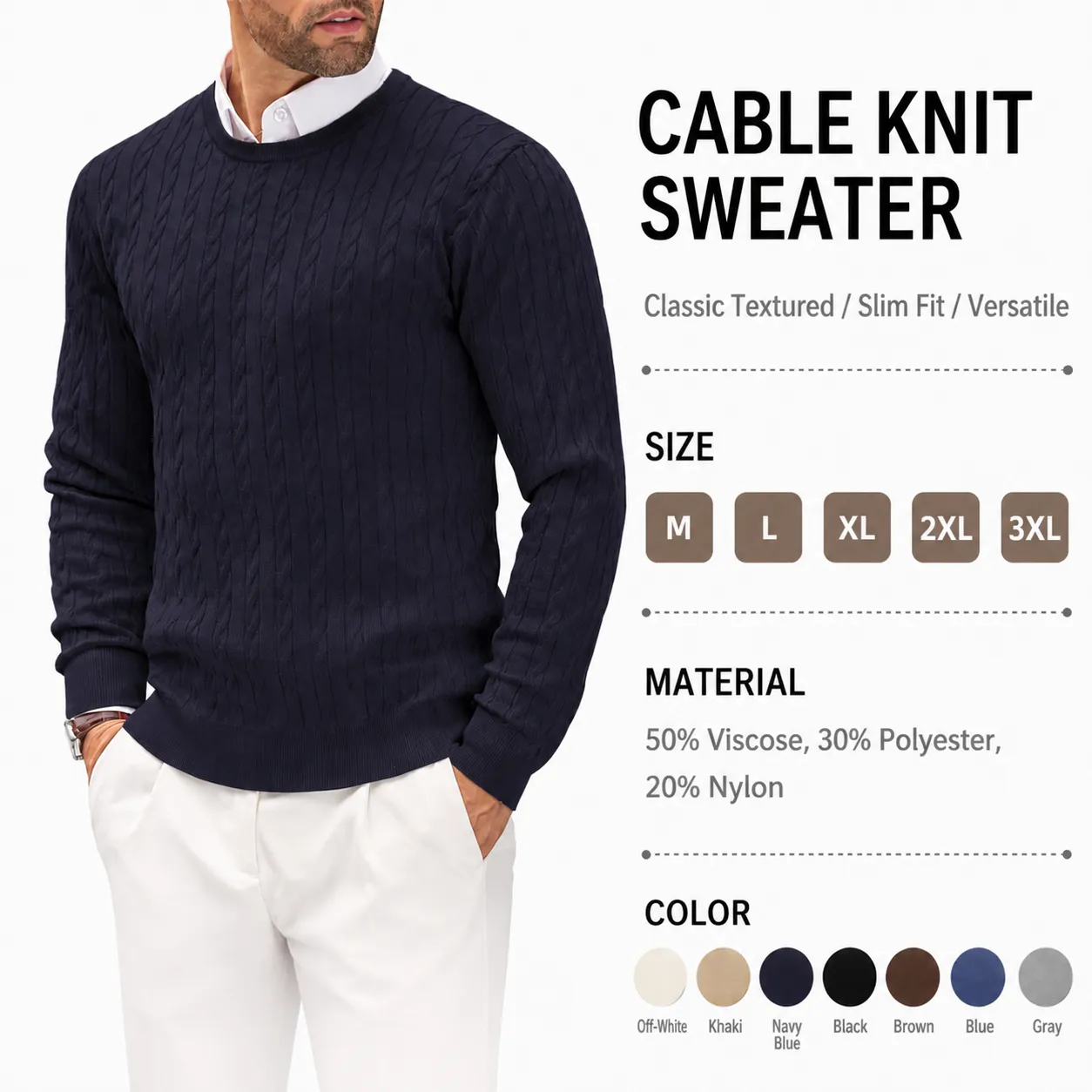 Herren Casual Slim Fit Rundhals Langarm Pullover Zopfmuster Pullover Einifarbig Basic Strickware