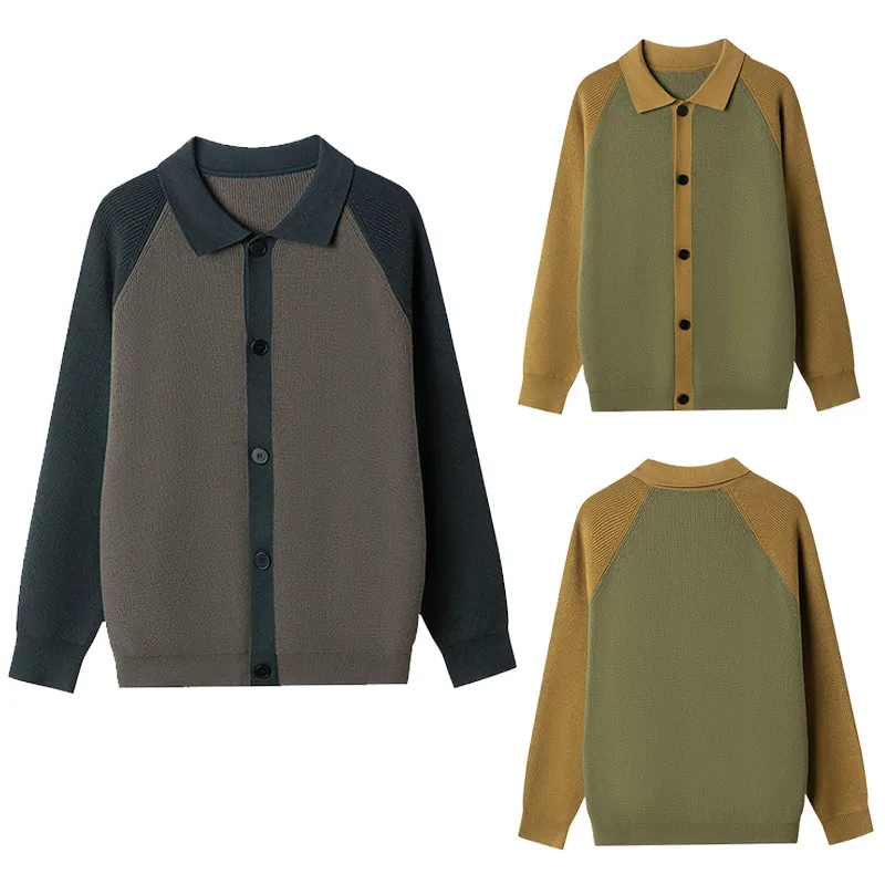 Cardigan Tricoté à Col Polo Bloc de Couleur Décontracté pour Hommes Bouton Revers Manches Longues Mode Vêtements en Tricot Vêtement d'Extérieur