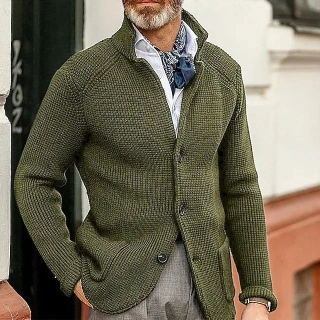 Herren Cardigan Pullover Schmale Passform Stehkragen Lässig Gestrickt Knopfleiste Baumwollmischung Langarm Jacke