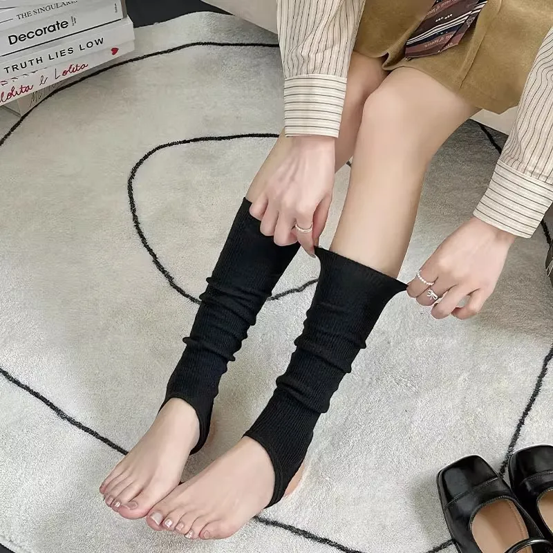 Women Fashion Knitted Stirrup Socks Solid Color Cotton Ballet Style Leg Warmers Casual Long Footless Socks
