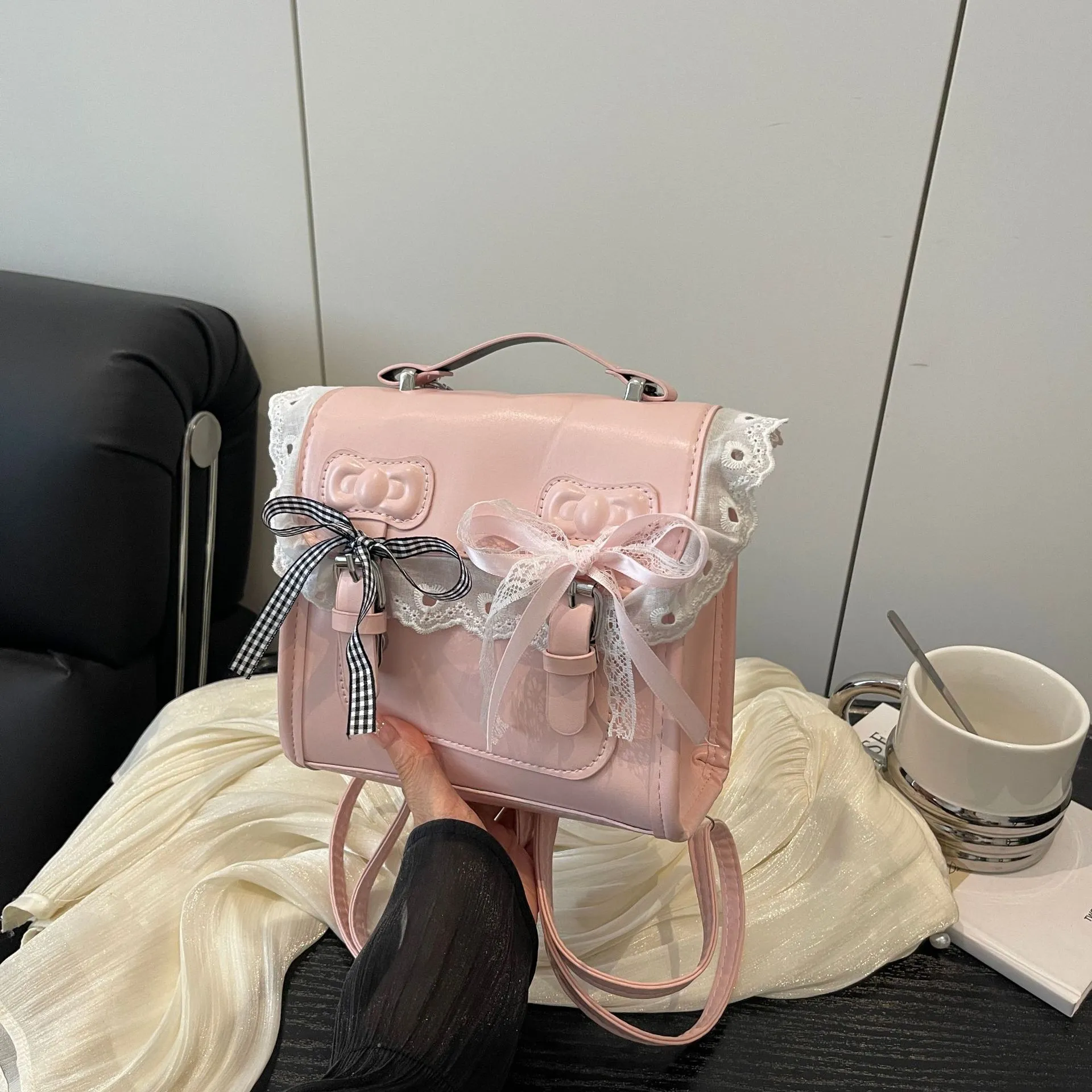 Sweet College Style PU Leather Mini Backpack Women Cute Lace Bowknot Casual Commuter Casual Daypack Fashion Handbag