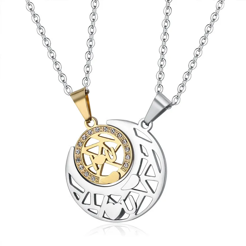 Titanstahl Sonne Mond Puzzle Anhänger Halskette Zirkonia Eingelegt I Love You Gravierte Paare Schmuck Liebhaber Geschenk Anhänger
