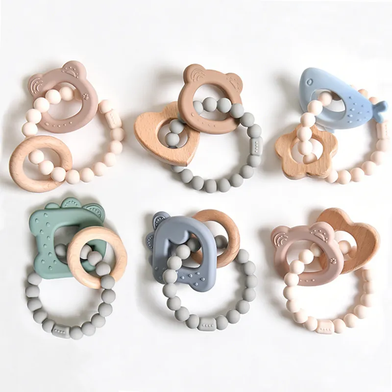 Mordedor de Silicona para Bebé Pulsera de Madera Natural Juguete de Dentición Animal Oso Dinosaurio Ballena Corazón