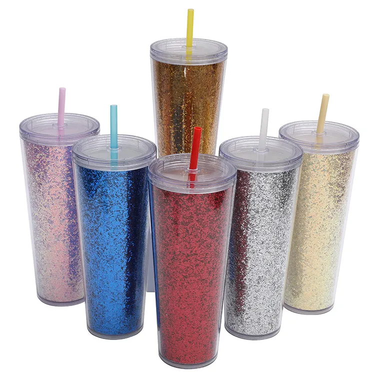 Grote Capaciteit Plastic Bekers Dubbelwandig Geïsoleerde Reis Waterbeker Met Rietje En Glitter Papier Ontwerp