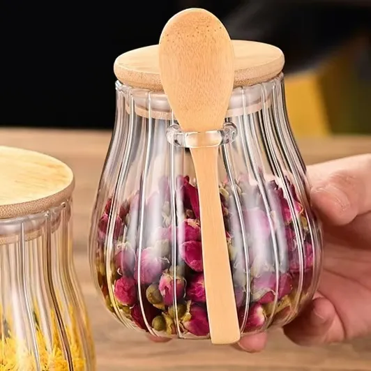 Hoog Borosilicaatglas Afgesloten Pot Met Houten Deksel En Lepel Transparante Voedselopslagcontainer Voor Granen Thee Keuken