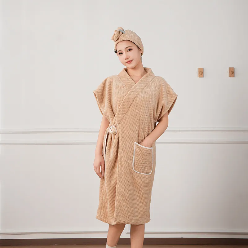 Women Wearable Bath Towel Bathrobe Coral Fleece Absorbent Quick Drying Sleepwear Spa Bath Dress With Hair Drying Cap