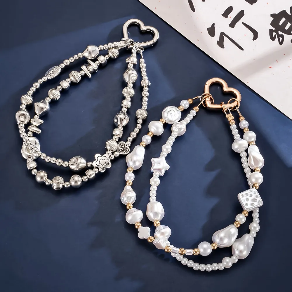Colgante para Móvil de Doble Cadena Estilo Ins Perla Artificial Estrella Flor Cordón de Muñeca Anti-perdida Cierre Corazón