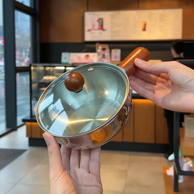Cazo Pequeño de Acero Inoxidable Mini Olla de Freír Sin Revestimiento Con Mango de Madera Utensilio de Cocina