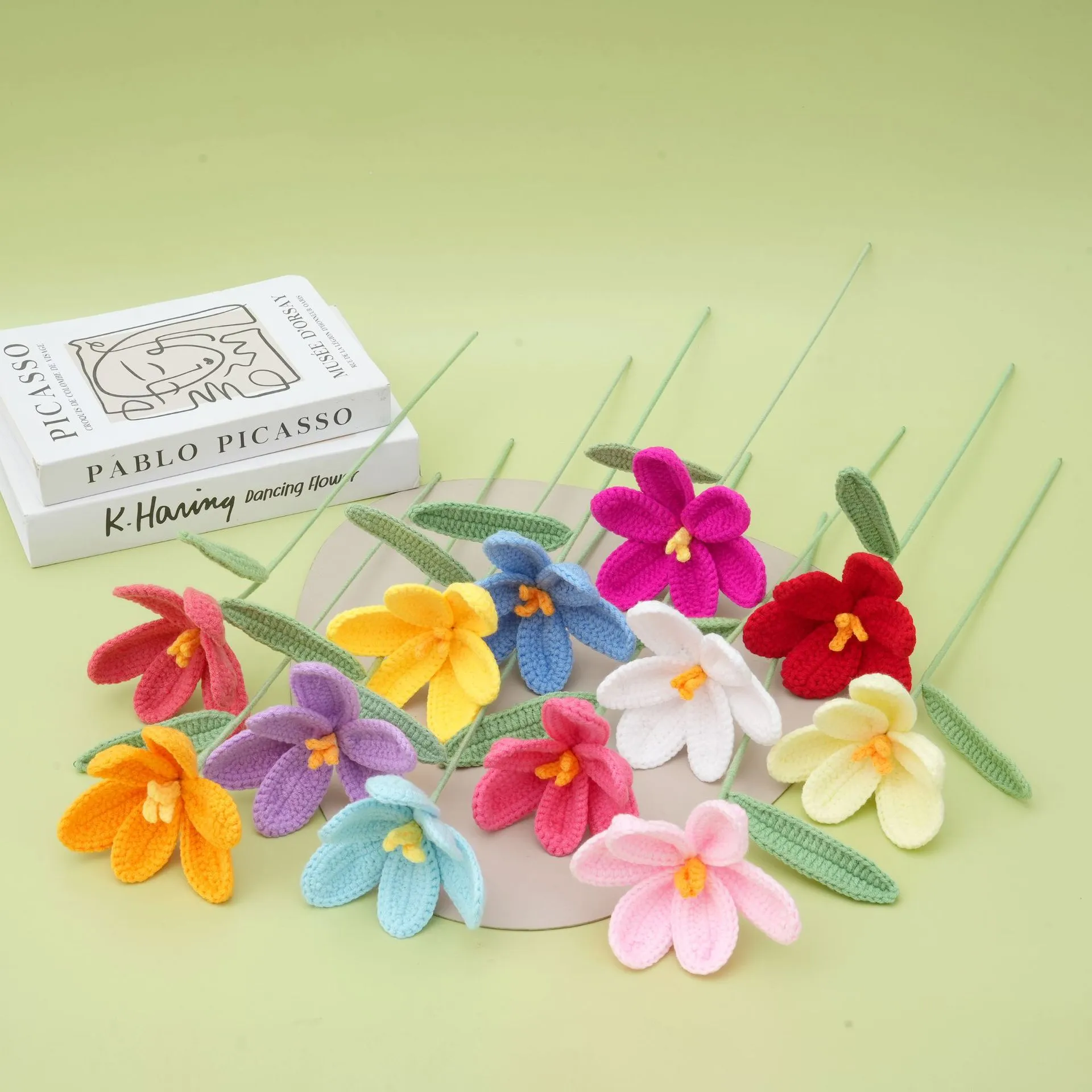 Handmade Crochet Wool Yarn Tulip Artificial Flower Single Branch Knit Floral Gift For Valentine Teacher Home Decor