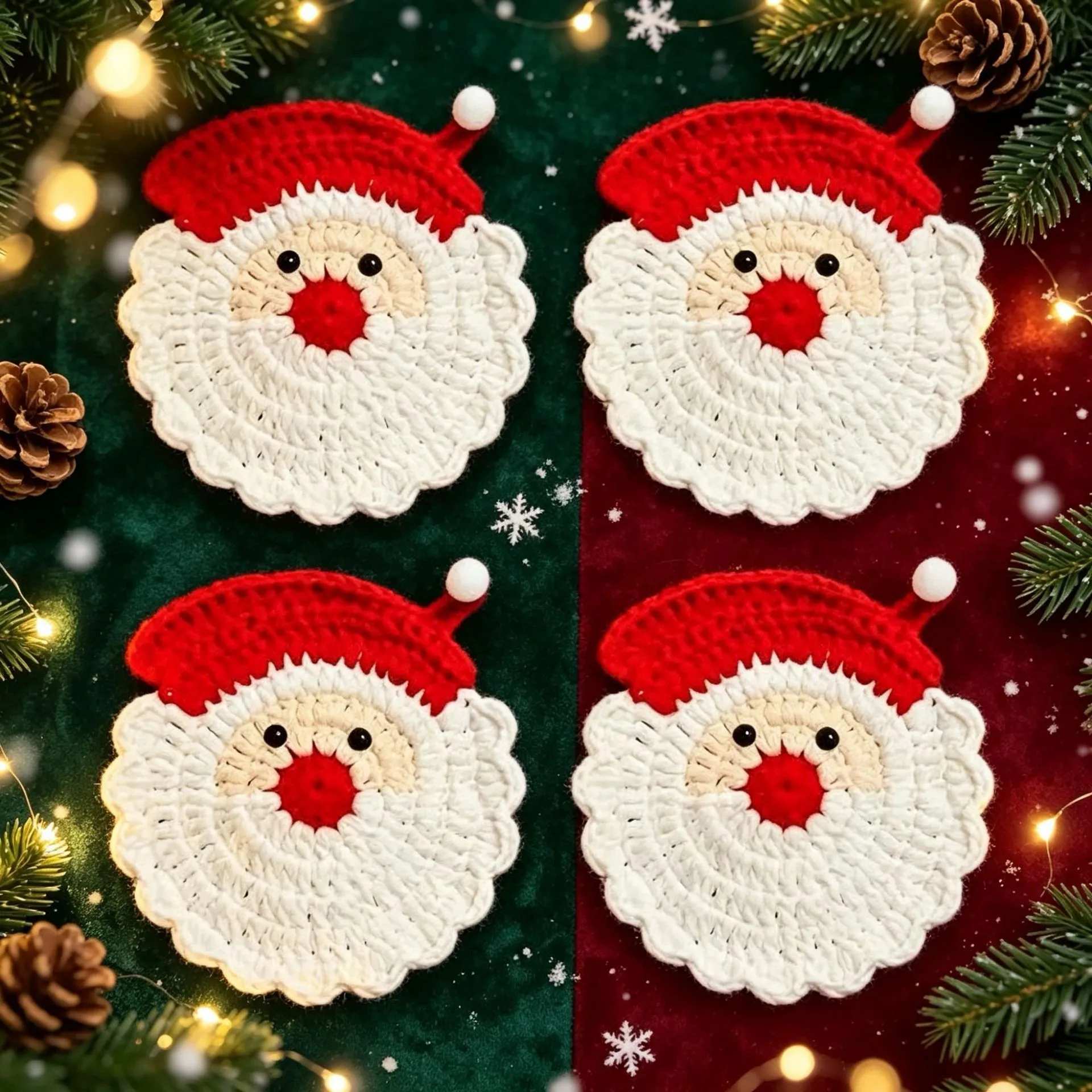 Handmade Crochet Santa Claus Coaster Christmas Knitted Table Mat Smiley Face Cup Pad Festive Home Kitchen Decor