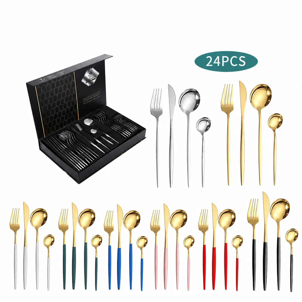 Stainless Steel Cutlery Set Portuguese Style Knife Fork Spoon Tableware Gift Box Luxury Kitchen Dining Silverware